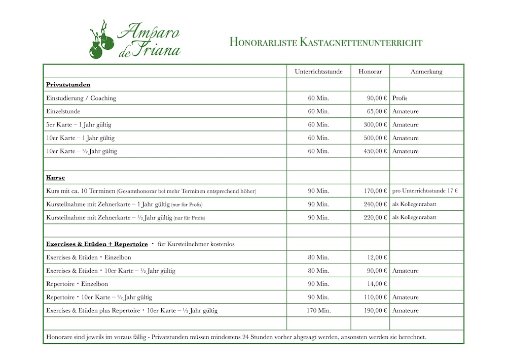 Honorarliste Kastagnettenunterricht